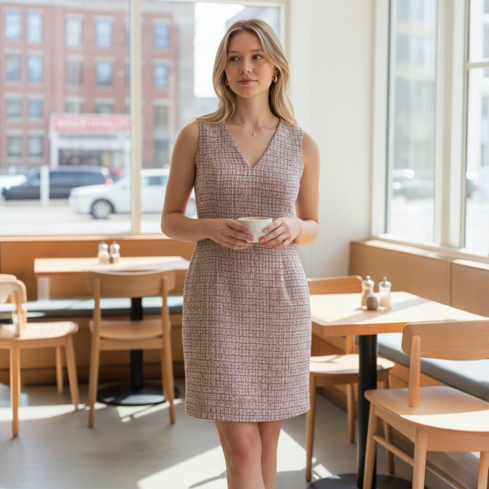 White House Black Market Tweed Sheath Dress Pink/Blue Sleeveless Size 4